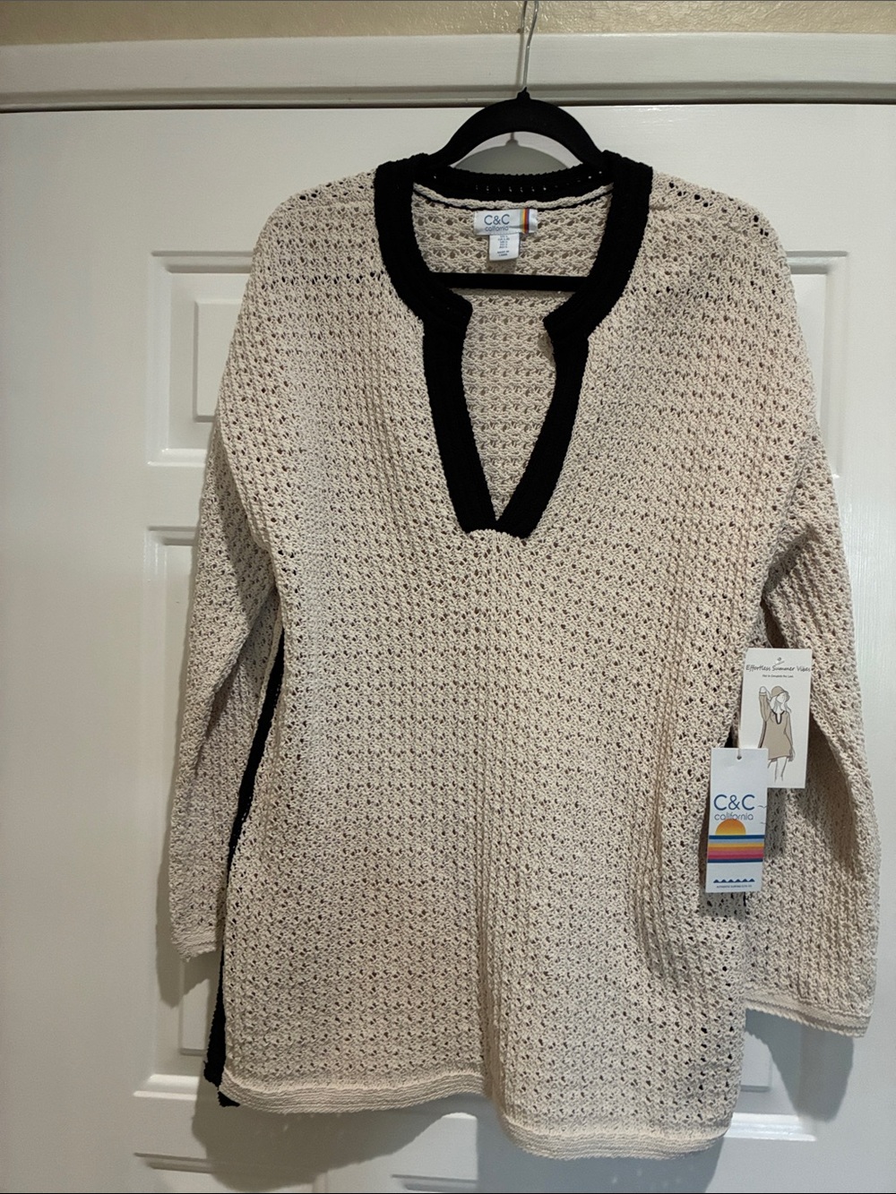 C&C California Cream Open-Weave V-Neck swim coverup with Black Trim